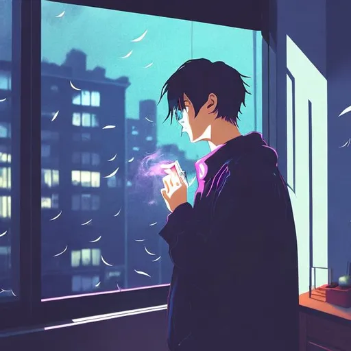 Prompt: aesthetic moody apartment room, 90s anime style, man smoking cigarette, rainy night, gay pride flag, smokey atmosphere, rays of light, moonlit