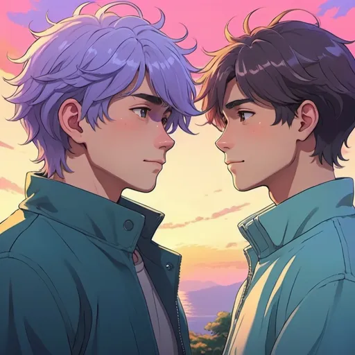 Prompt: gay couple, lofi, anime, matching profile pictures, glowy, vibrant, chromatic abberation, high definition, shiny hair, ghibli, amazing shading, 