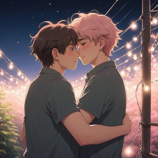 Prompt: gay couple, lofi, anime, matching profile pictures, glowy, chromatic abberation, high definition, shiny hair, ghibli, amazing shading, harsh shadows, indepth scenery, blushing, hugging, fairy lights, Ethereal, ambient light, background people,