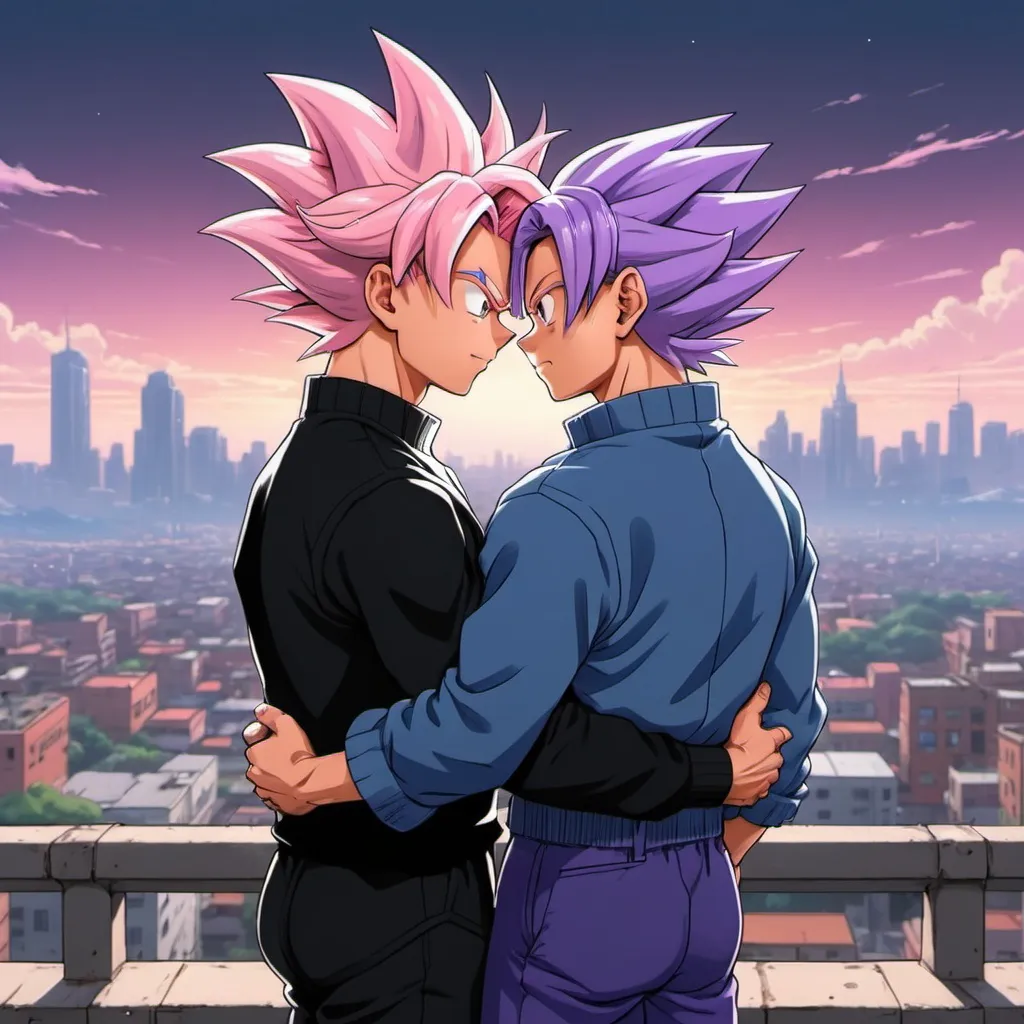 Prompt: gay couple, lofi, anime, matching profile pictures, glowy, chromatic abberation, high definition, shiny hair, ghibli, amazing shading, harsh shadows, indepth scenery, blushing, hugging, goku black in super saiyan rose form, future trunks with straight middle parted lavender hair, casual clothes, cityscape, 