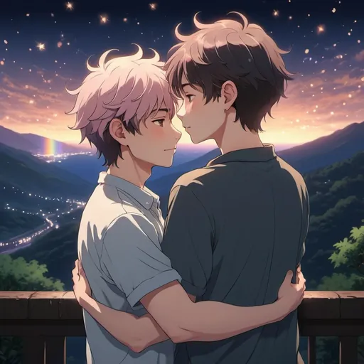 Prompt: gay couple, lofi, anime, matching profile pictures, glowy, chromatic abberation, high definition, shiny hair, ghibli, amazing shading, harsh shadows, indepth scenery, blushing, hugging, fairy lights, Ethereal, 