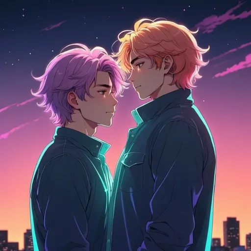 Prompt: gay couple, lofi, anime, matching profile pictures, glowy, vibrant, chromatic abberation, high definition, shiny hair,