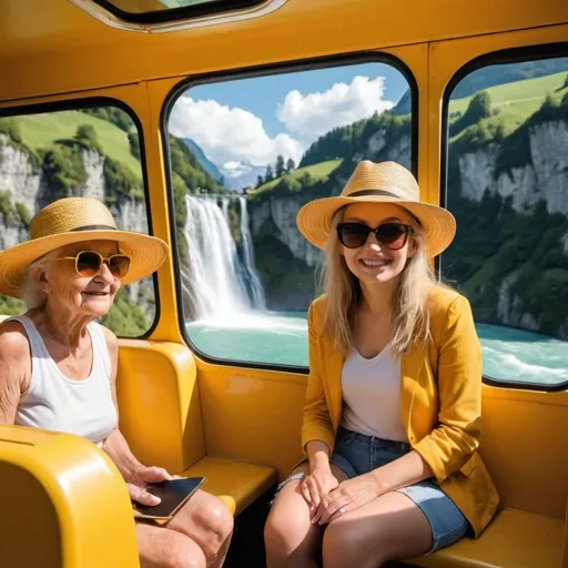 Prompt: 2 beautiful young ladies a wide straw hat and sunglasses inside a second floor of a yellow tourist bus with other 10 old people sitting there. outside crazy views of a waterfall in Switzerland