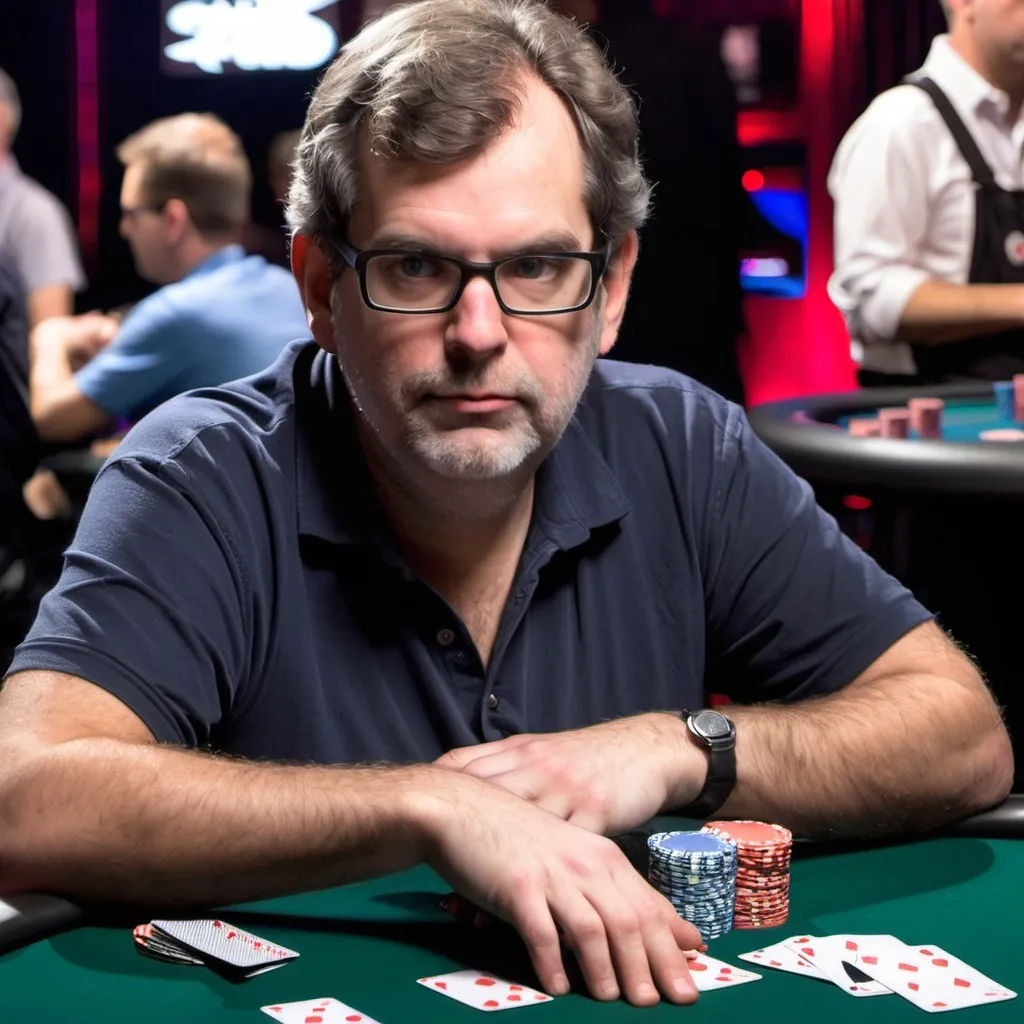 Prompt: Eric Gould thinking by keeping a pair of 5s he'd hit a flush in 5 card draw poker