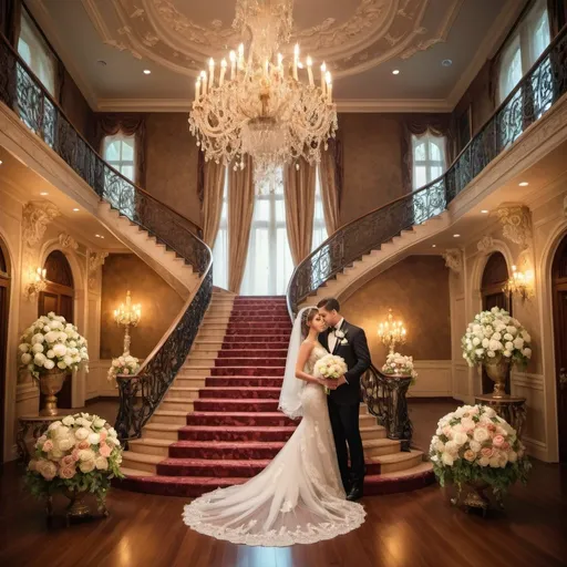 Prompt: Indoor wedding scene in a luxurious villa, opulent floral arrangements, elegant chandeliers, soft and warm lighting, high resolution, oil painting, detailed bride and groom, romantic atmosphere, lavish decor, intricate lace details, vintage glamour, ornate furniture, grand staircase, rich color palette, romantic, luxurious, detailed, oil painting, warm lighting, vintage, opulent floral, grandeur, exquisite lace details