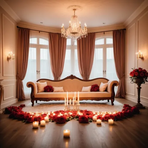 Prompt: Indoor villa salon with few roses and candles, empty space for newlyweds, highres, detailed, warm lighting, romantic, luxurious, floral accents, cozy atmosphere