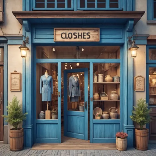 Prompt: A beautiful clothes shop, made of wood, vintage style, blue color theme, glass gate with an open sign, pots kept outside, warm and nostalgic atmosphere, muted colors, inviting and charming, detailed wooden textures, classic storefront design, cozy small-town setting, picturesque background, soft lighting, ultra-detailed, high quality, 4K.