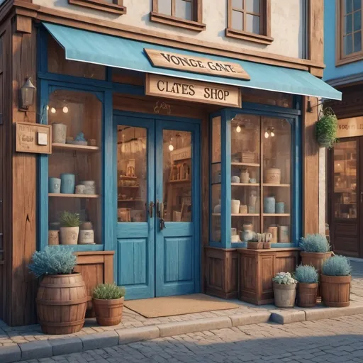 Prompt: A beautiful clothes shop, made of wood, vintage style, blue color theme, glass gate with an open sign, pots kept outside, warm and nostalgic atmosphere, muted colors, inviting and charming, detailed wooden textures, classic storefront design, cozy small-town setting, picturesque background, soft lighting, ultra-detailed, high quality, 4K.