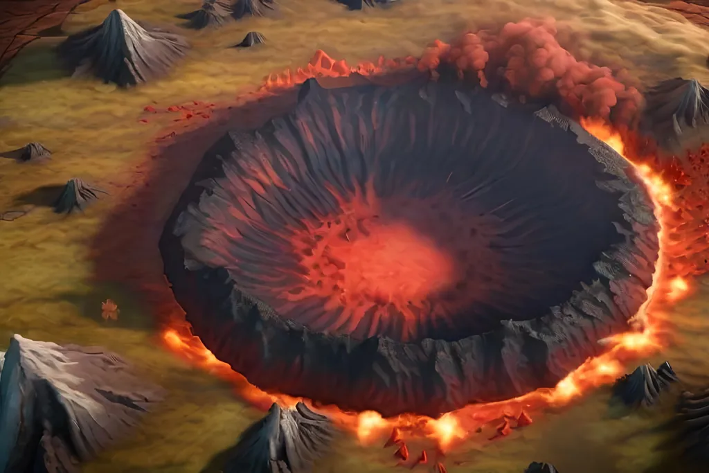 Prompt: Top down battle map.  Volcano crater with a red dragons lair in the center.  Lake of magma n the center of the crater. Photo realistic.