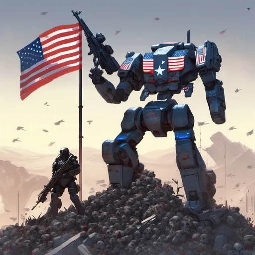 Prompt: A Patriot Mech Standing on top of a Hill of Skulls, while holding a futuristic rifle and an United States flag.