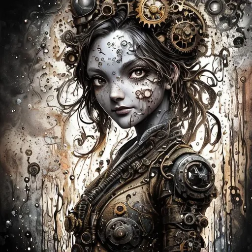 Prompt: ((a happy steampunk girl)), Hyperdetailed Eyes, Tee-Shirt Design, Line Art, Black Background, Ultra Detailed Artistic, Detailed Gorgeous Face, Natural Skin, Water Splash, Colour Splash Art, Fire and Ice, Splatter, Black Ink, Liquid Melting, Dreamy, Glowing, Glamour, Glimmer, Shadows, Oil On Canvas, Brush Strokes, Smooth, Ultra High Definition, 8k, Unreal Engine 5, Ultra Sharp Focus, Intricate Artwork Masterpiece, Ominous, Golden Ratio, Highly Detailed, Vibrant, Production Cinematic Character Render, Ultra High Quality Model