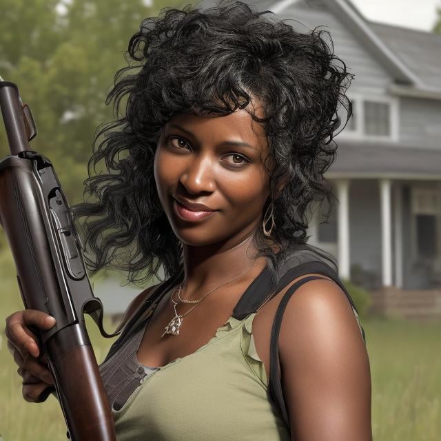 Prompt: Woman, middle aged, frilly black hair, dark skin, holding a Remington 870 shotgun, living at a farmhouse