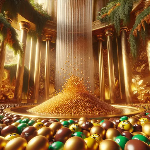 Prompt: Golden M&M Waterfall (water are M&M gold chocolate beans), golden ball pit below, (vibrant and opulent colors), warm golden tones, (luxurious atmosphere, whimsical and magical), rich hue contrasts, intricate detail, immersive and fantastical background with lush greenery and opulent settings, high-end photography, ultra-detailed, 4K quality, enchanting lighting, surreal aesthetic, engaging and dreamlike mood.