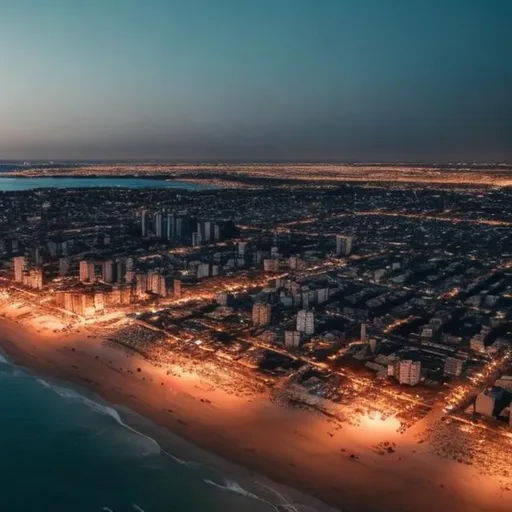 Prompt: There’s a huge beach with volleyball courts and a lot of people. There is an body of water bordering with the beach. On the other side of the water is a huge, lit up city. It is night time.
