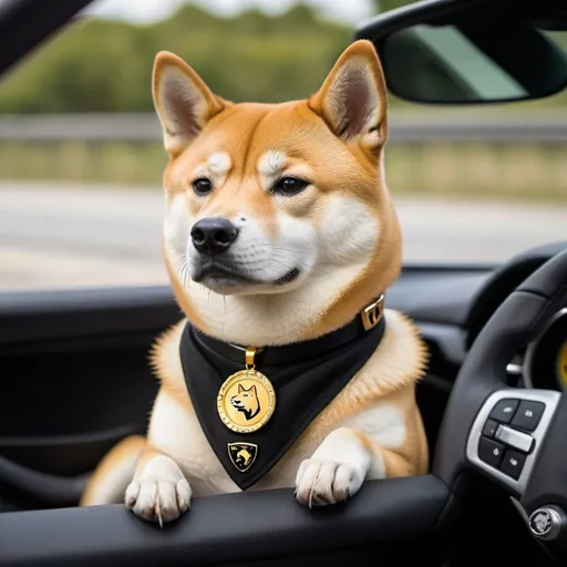 Prompt: Shiba Inu dog wearing a Doge ticker symbol gold necklace driving a black Lamborghini. The collar says DOGE. The medallion has the Dogecoin symbol