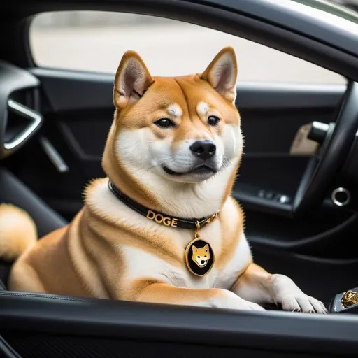 Prompt: Shiba Inu dog wearing a Doge ticker symbol gold necklace driving a black Lamborghini. The collar says DOGE. The medallion has the Dogecoin symbol