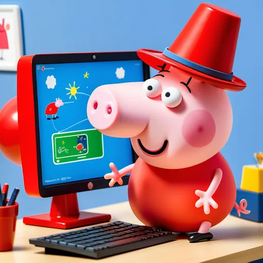 Prompt: peppa pig working on computer with red hat satellite on screen