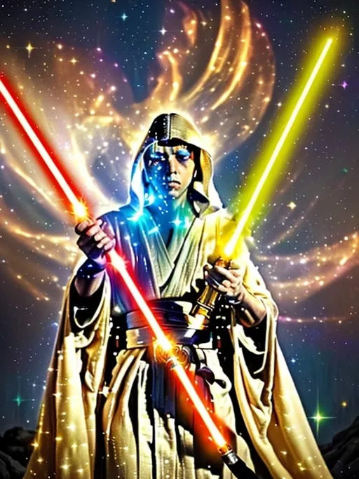Prompt: Jedi with golden lightsaber, white robe with gold trimmings, mystical night sky, blood super moon, sparkling stars, high quality, mystical, detailed lightsaber, majestic, night scene, fantasy, atmospheric lighting, elegant robes, epic, glowing lightsaber, celestial, magical aura… here to save humanity 