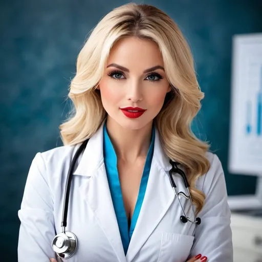 Prompt: Create a beautiful picture of lady doctor, blond, red lip, sexxy picture, holdings medical instruments, ful body picture. 
