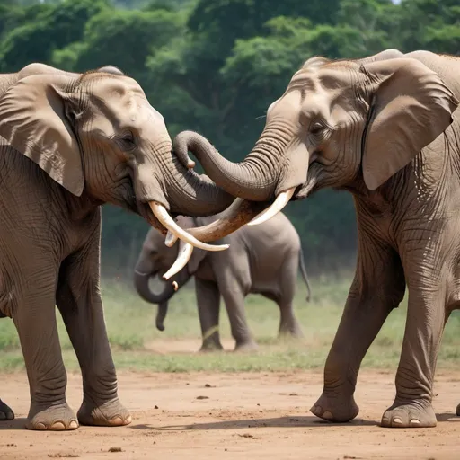 Prompt: Create a video, which two elephant fight together, 