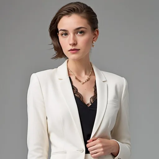 Prompt: A young woman stands confidently against a plain background, wearing a stylish white blazer and a matching skirt. Underneath, she has a lace top that adds a touch of elegance to her outfit. Her hair is pulled back, and she wears minimal jewelry, including a delicate necklace. Her pose is relaxed yet poised, conveying a sense of modern sophistication."