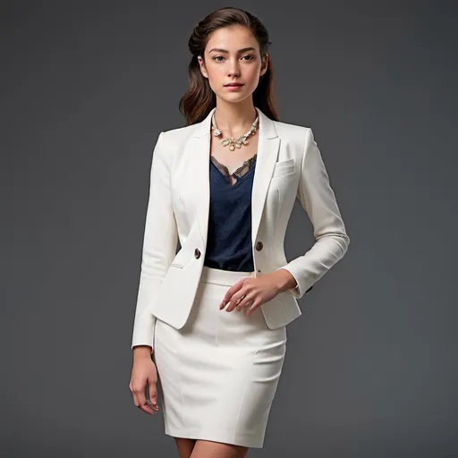 Prompt: A young woman stands confidently against a plain background, wearing a stylish white blazer and a matching skirt. Underneath, she has a lace top that adds a touch of elegance to her outfit. Her hair is pulled back, and she wears minimal jewelry, including a delicate necklace. Her pose is relaxed yet poised, conveying a sense of modern sophistication,wearing lady heel, full body picture."
