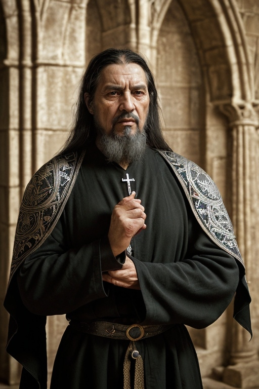 Prompt: the grandmaster Emirez of the knight templars, HD-photograph, realistic photo. sixty years old. black hair like ortodox priest