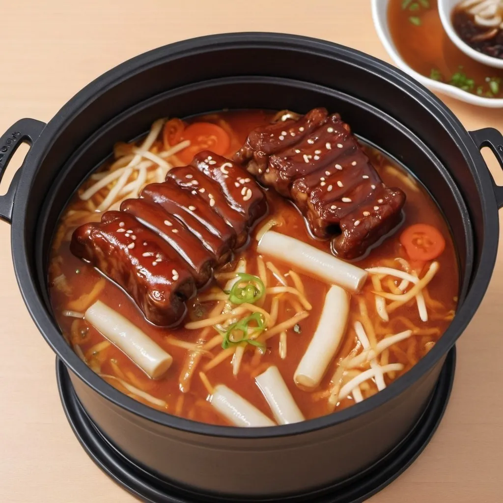 Prompt: Draw tteokbokki, bean sprouts, and back ribs on a Korean pot lid. In reality 