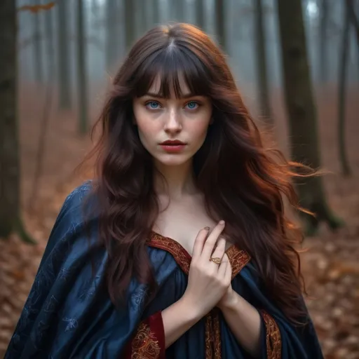 Prompt: Young woman with long wavy dark red hair, with bangs wearing witches cape, magical dark forest  background, moody lighting, high-quality, magic power coming out of her hand, intense gaze,  realistic oil painting detailed facial features, traditional, opulence, warm tones, traditional oil painting, detailed embroidery, plump lips, petite, blue eyes, power in her hands, ravan bird on her shoulder 