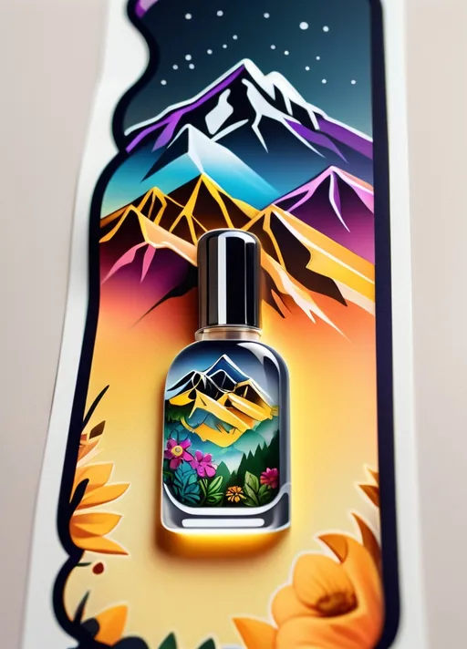 Prompt: (accurately spelled text "THE PERFUME WORLD"), vibrant sticker design, natural background color, majestic mountains in backdrop, harmony with nature, warm sunlight illuminating the scene, intricate details on the sticker, fresh and floral aromatic elements, soothing atmosphere blending whimsy and elegance, high-resolution, ultra-detailed illustration that captures essence of perfume surrounded by serene beauty.