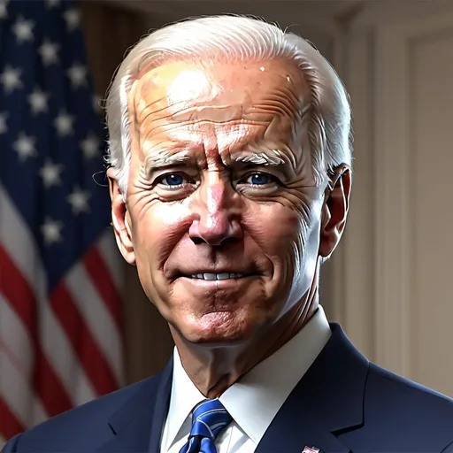 Prompt: Generate a lifelike portrait of Joe Biden, the 46th President of the United States. The portrait should capture his essence and leadership qualities, portraying him in a dignified and presidential manner. Pay attention to detail, including his facial features, expression, and any notable characteristics such as his warm smile. Ensure the background is appropriate for a presidential portrait, perhaps with the American flag subtly in the backdrop, symbolizing his role as the leader of the nation. The lighting should be soft yet illuminating, emphasizing his and the seriousness of his position."