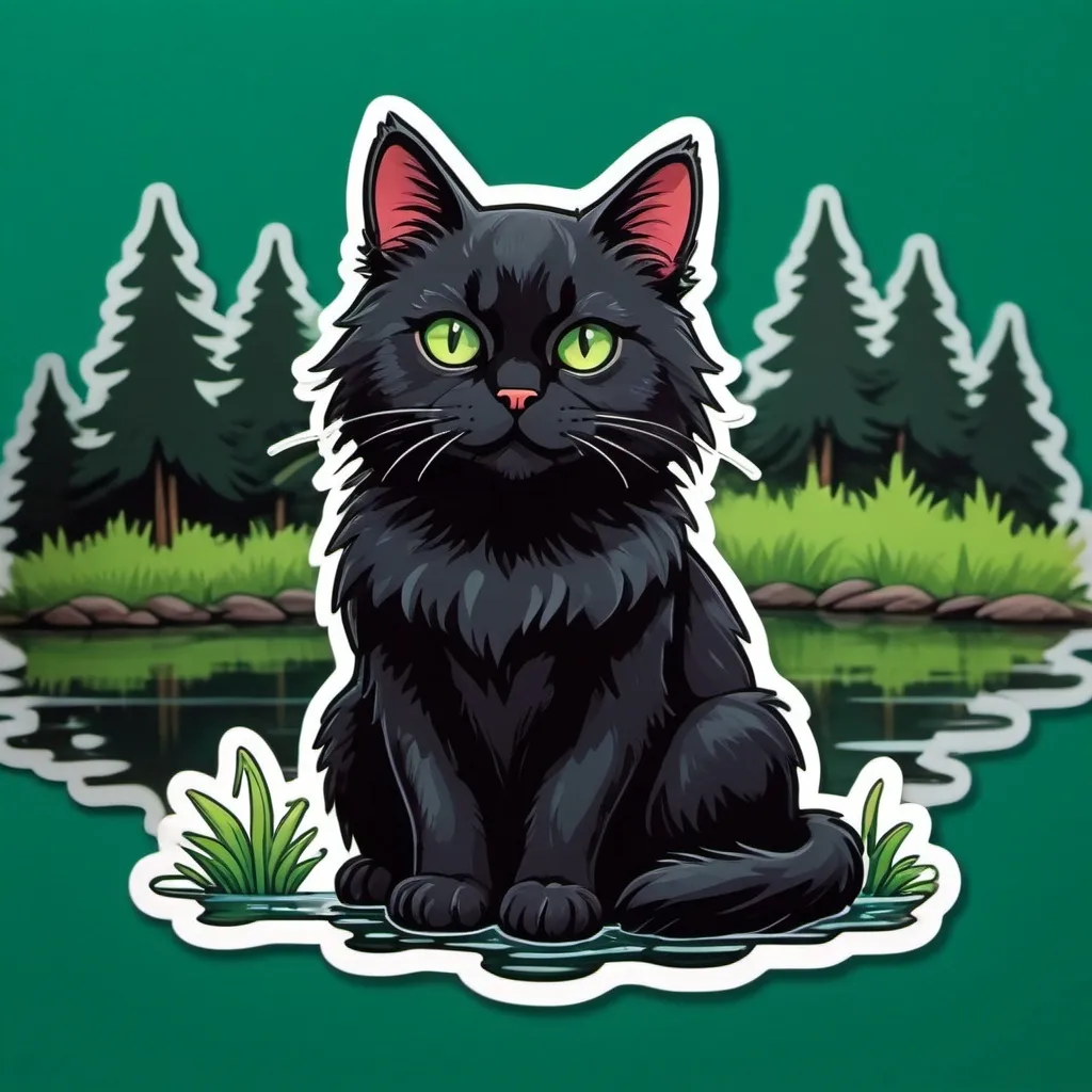 Prompt: make an image of  a non-realistic fluffy black cat with green eyes sitting by a lake in front of the forest, in the night, with a little bit of blood in the water.