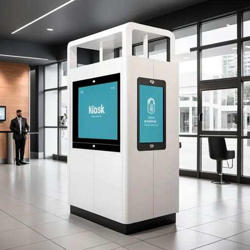 Prompt: The kiosk should be like a room with full security. Something like a smallbooth

Image 1: Sleek, Modern Kiosk: A photo of a contemporary, freestanding touchscreen kiosk inside a booth of full security in a bank T