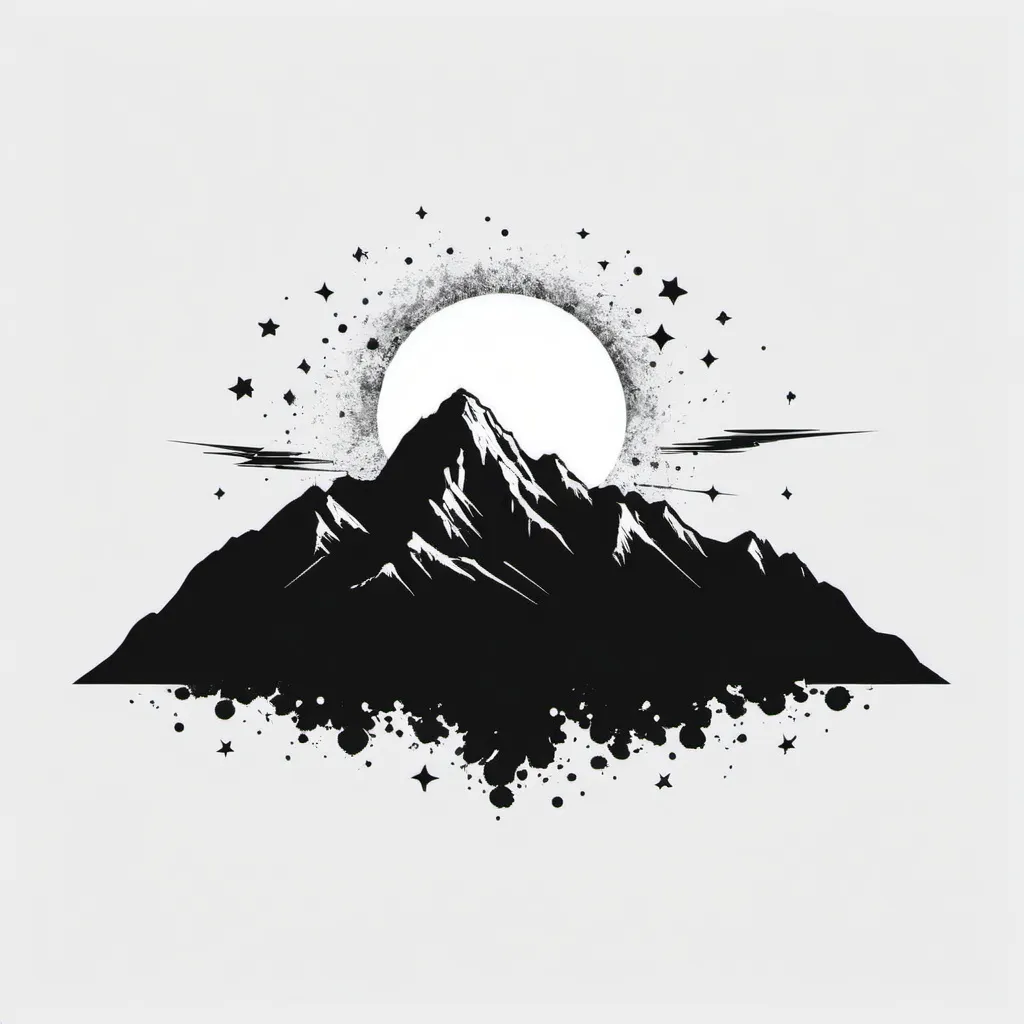 Prompt: This is for a t-shirt design, a minimalistic, yet striking, black-and-white silhouette of a mountain range with a rising sun and a few scattered stars. Transparent background 