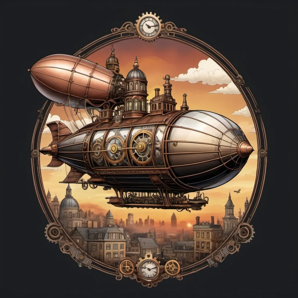 Prompt: Illustrated T-shirt design of A steampunk-inspired airship soaring above a Victorian-era city, with intricate gears and steam engines visible, and a dramatic sunset in the background. Transparent background 