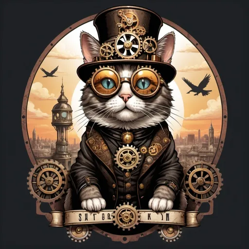 Prompt: Illustrated T-shirt design of A steampunk-inspired cat wearing sunglasses soaring above a Victorian-era city, with intricate gears and steam engines visible, and a dramatic sunset in the background. Transparent background 