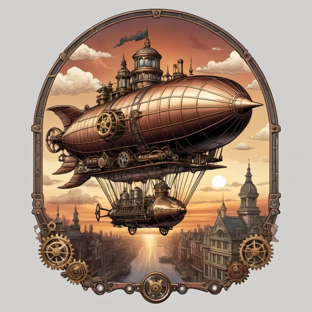 Prompt: Illustrated T-shirt design of A steampunk-inspired airship soaring above a Victorian-era city, with intricate gears and steam engines visible, and a dramatic sunset in the background. Transparent background 