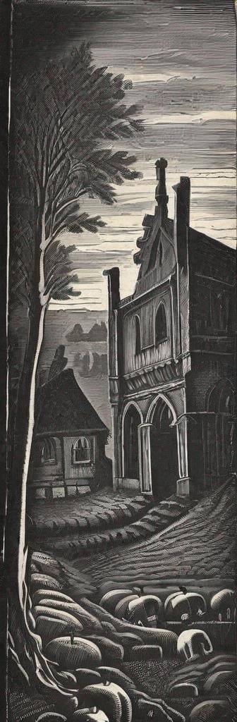 Prompt: medieval woodcut print of gouls dwelling in a graveyard, night, dark background, medieval print, monocrome print, dark, ominous hyperdetailed
