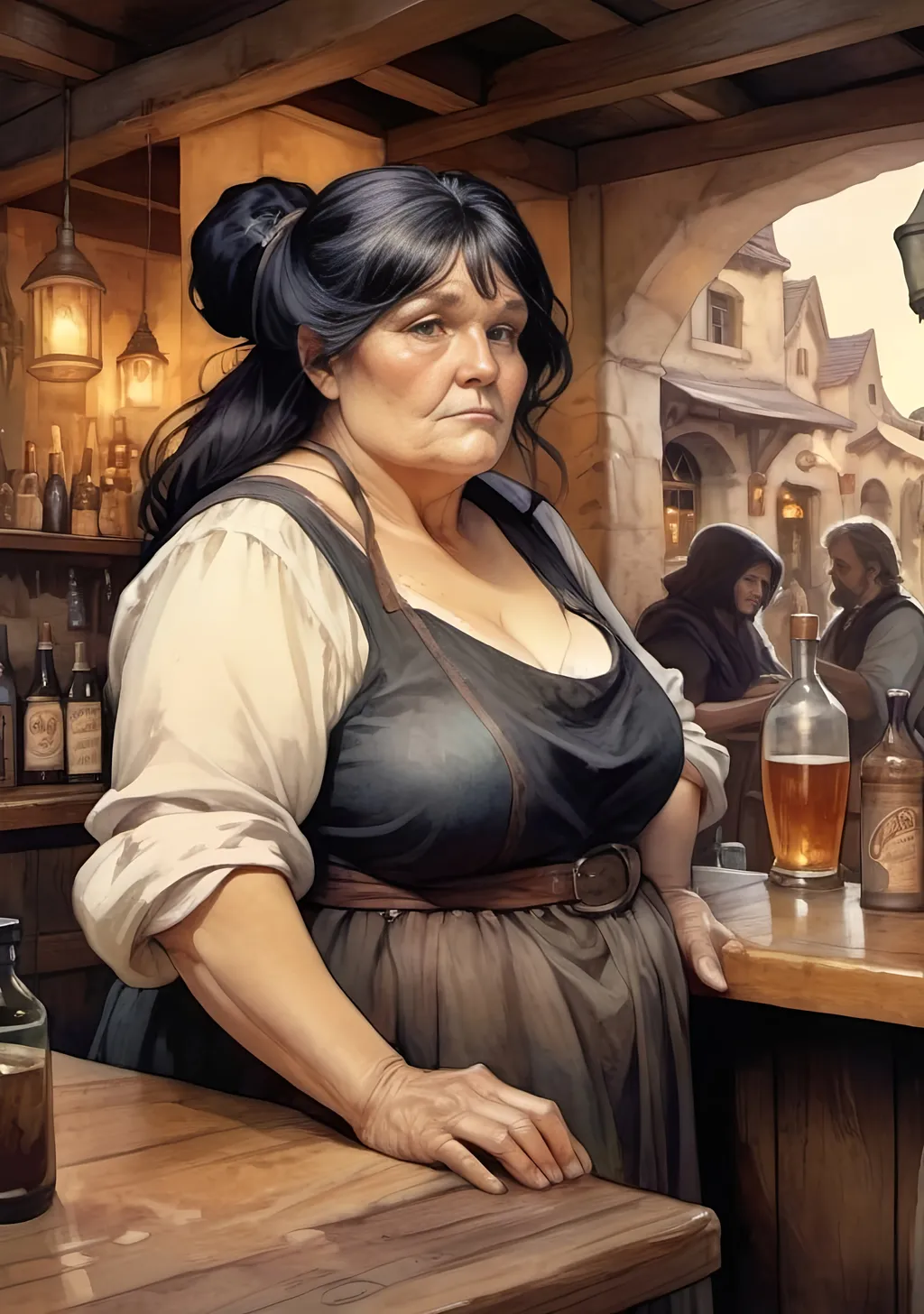 Prompt: old fat landlady, tavern owner beside the tavern bar, apron, cleaning the bar, concerned, messy black hair, dim lit dark desert medieval tavern in the background, fantasy art, watercolor, seppia, monocrome, dark art, moody art, sharp focus, illustration, art by artgerm and greg rutkowski and alphonse mucha, Lesley Nicol
