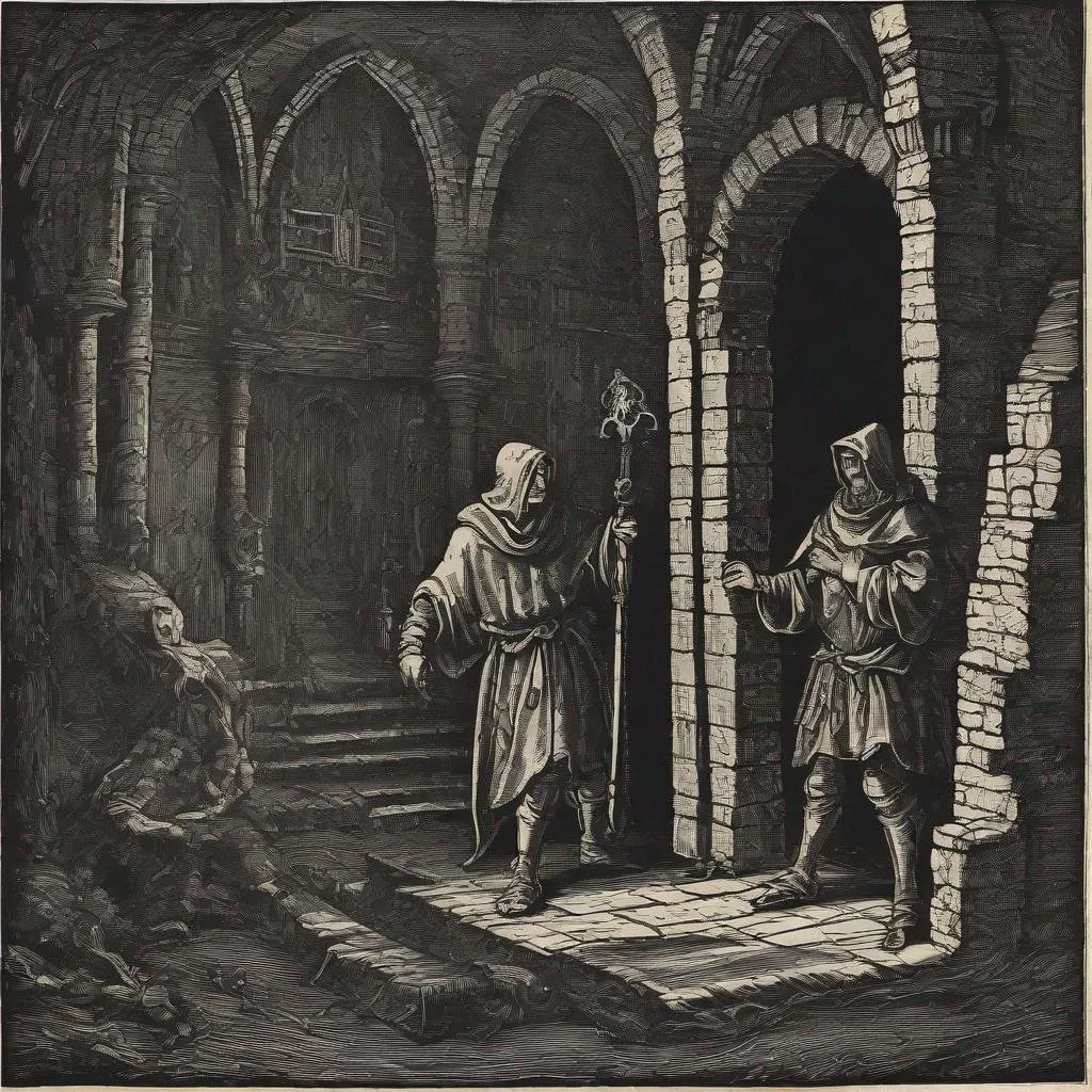 Prompt: medieval woodcut print of a two character exploring a dungeon, lonliness, medieval print, monocrome print, dark, ominous, hyperdetailed