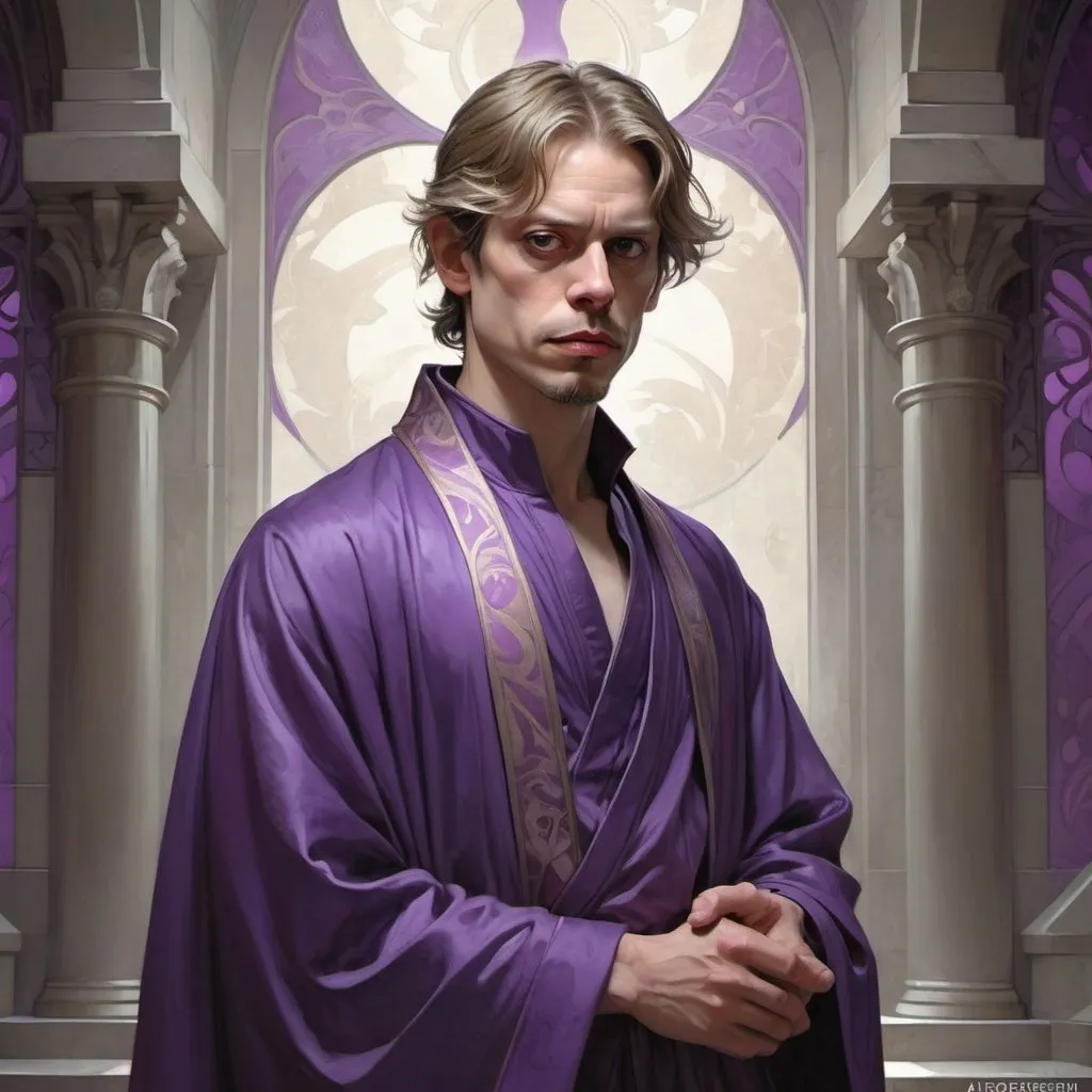 Prompt: young fantasy lord, pale, fantasy art, rich purple fantasy robes, concerned, poster, high definition, dim lit gray stone hall background, sharp focus, illustration, art by artgerm and greg rutkowski and alphonse mucha, Steve Buscemi
