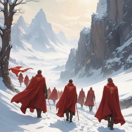 Prompt: far away men with red capes marching in the snow, panoramic, fantasy art, poster, high definition, sharp focus, illustration, art by artgerm and greg rutkowski and alphonse mucha