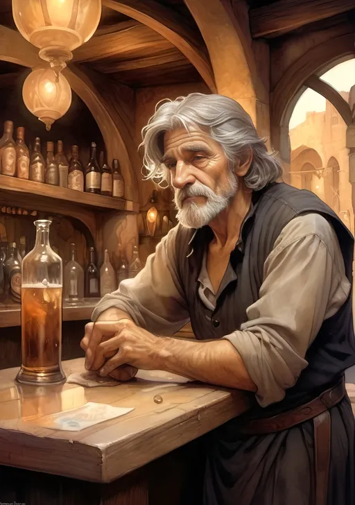 Prompt: bold old man beside a tavern bar, cleaning a glass, dim lit dark desert medieval tavern in the background, fantasy art, watercolor, seppia, monocrome, dark art, moody art, sharp focus, illustration, art by artgerm and greg rutkowski and alphonse mucha, tom conti

