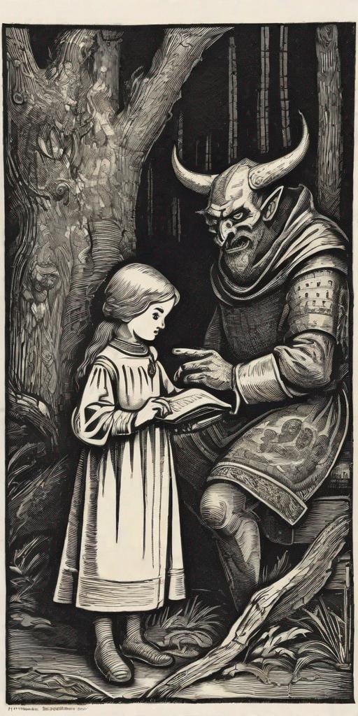 Prompt: medieval woodcut print of a little girl signing a scroll with demon pointing at her, forest, medieval print, monocrome print, dark, ominous hyperdetailed