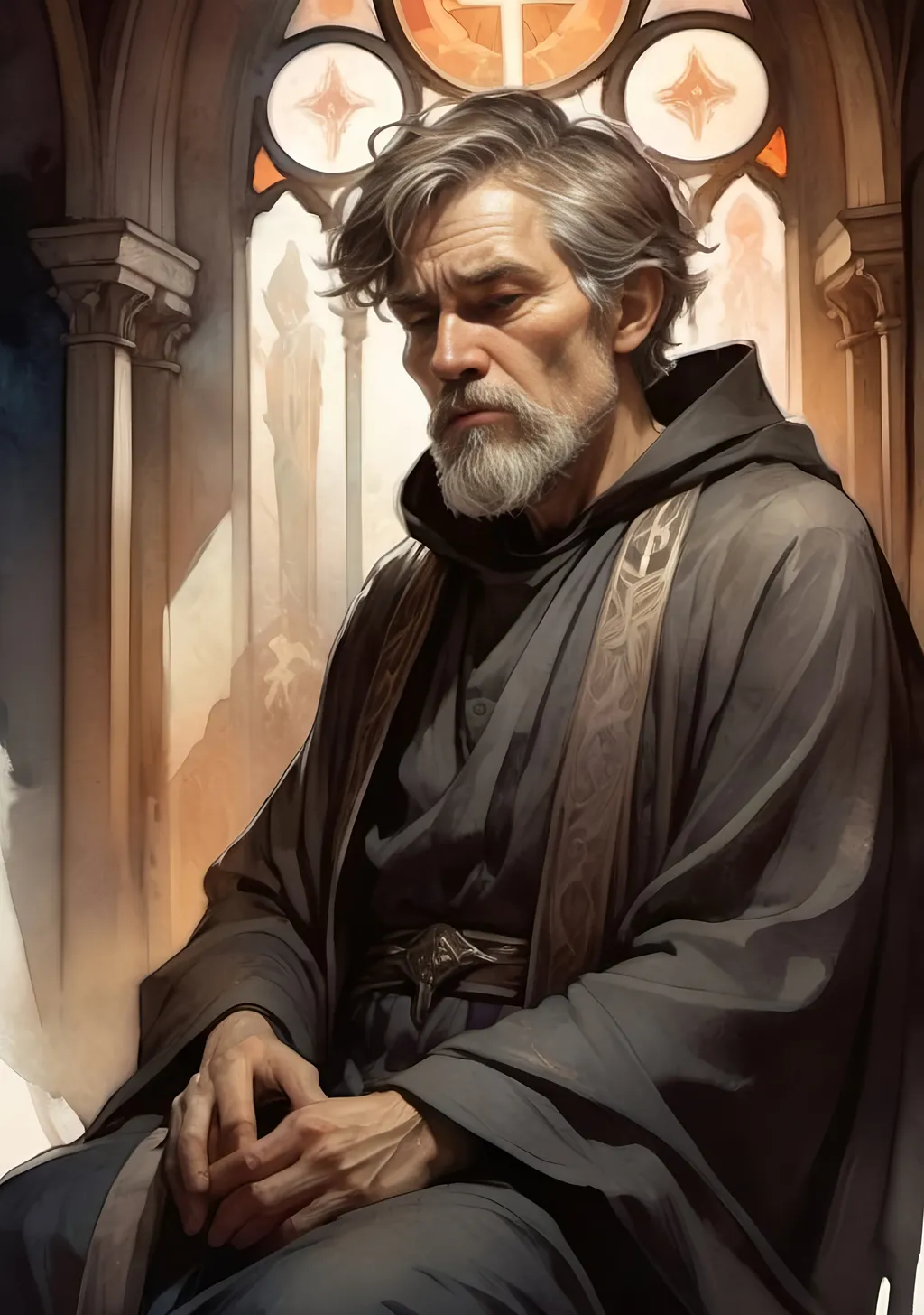 Prompt: old cleric with short hair and messy beard, fantasy art, old sacred robes, concerned, drunk, shadow church in the background, dim lit, dark, moody watercolor, seppia, monocrome, sharp focus, illustration, art by artgerm and greg rutkowski and alphonse mucha, 
