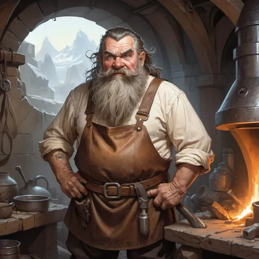 Prompt: old rough dwarf with black beard and crazy eyes, limp, fantasy art, underground forge in the background, leather apron,  poster, high definition, sharp focus, illustration, art by artgerm and greg rutkowski and alphonse mucha,
