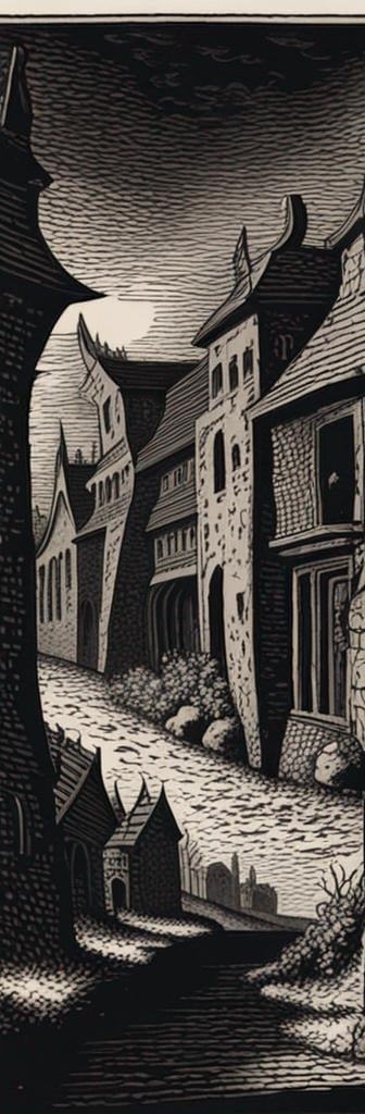 Prompt: medieval woodcut print of a dark medieval alley, medieval print, monocrome print, dark, ominous night, creepy, hyperdetailed