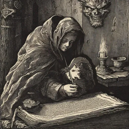 Prompt: medieval woodcut print of a little girl signing a scroll, demon in the shadow holding the scroll, woods, medieval print, monocrome print, dark, ominous hyperdetailed