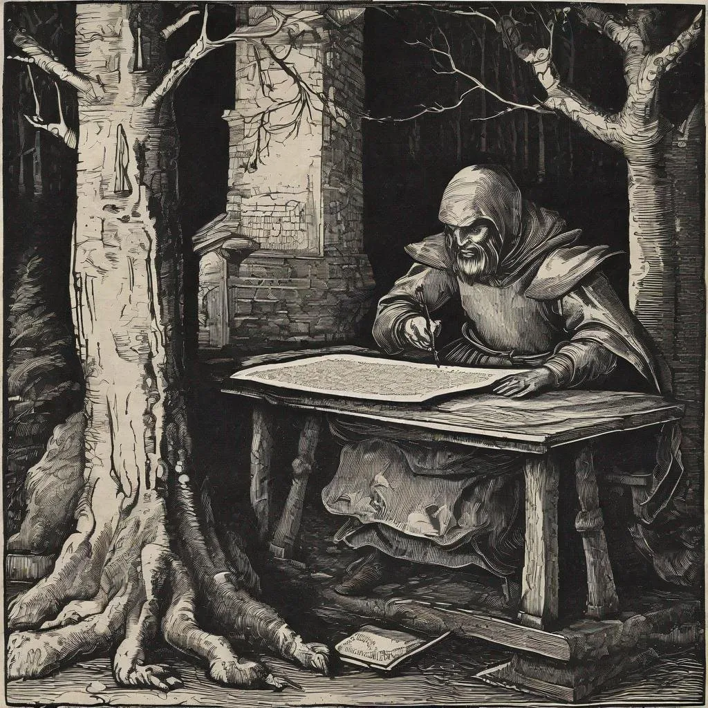 Prompt: medieval woodcut print of a little girl signing a scroll, demon in the shadow holding the scroll, woods, medieval print, monocrome print, dark, ominous hyperdetailed