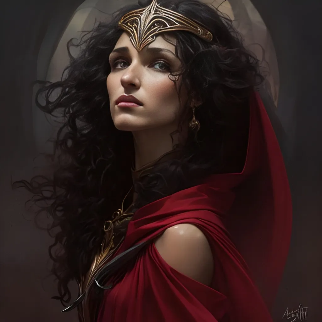 Prompt: red hooded arabian young witch, hooked nose, red cape, profile portrait, bronze tiara, arabian sorcerer,  Ellaria Sand, dark mood, black long hair, poster, high definition, sharp focus, illustration, art by artgerm and greg rutkowski and alphonse mucha